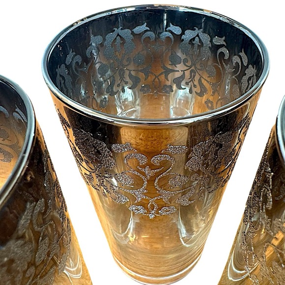 MCM Dorothy Thorpe Style Highball Glasses Silver Fade Filigree Barware 6 Pc Set - Picture 12 of 16